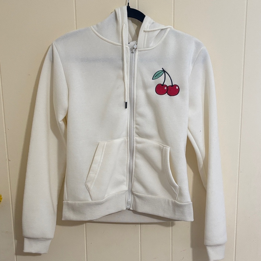White Kids Jacket with Cherry Embroidery